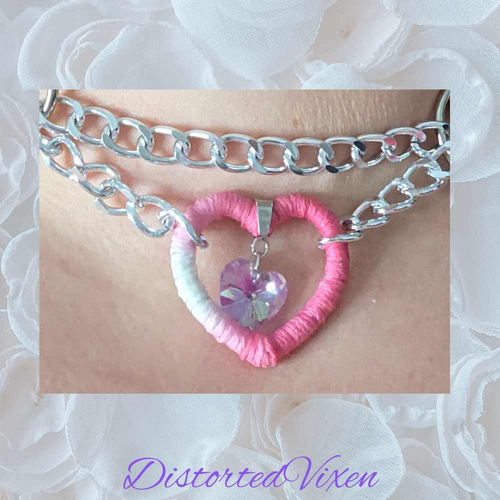 Pink & White Heart Choker Wrapped Fiber Heart with Crystal Charm - Picture 2 of 9